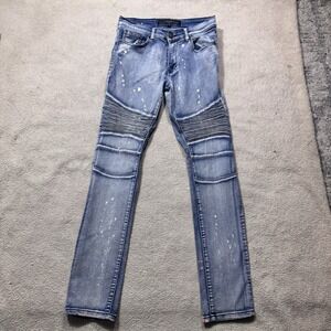 Reason Brand Jeans Mens 30 Blue Denim Splatter Print Accent Ribbed Grunge 28x31